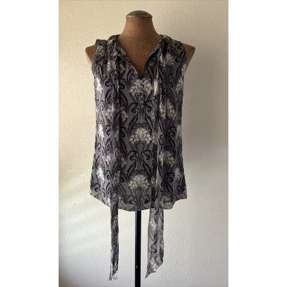 Tory Burch 100% Silk Sleeveless Blouse 4 Gray Floral Tie Neck Top Office Siren - Picture 1 of 16